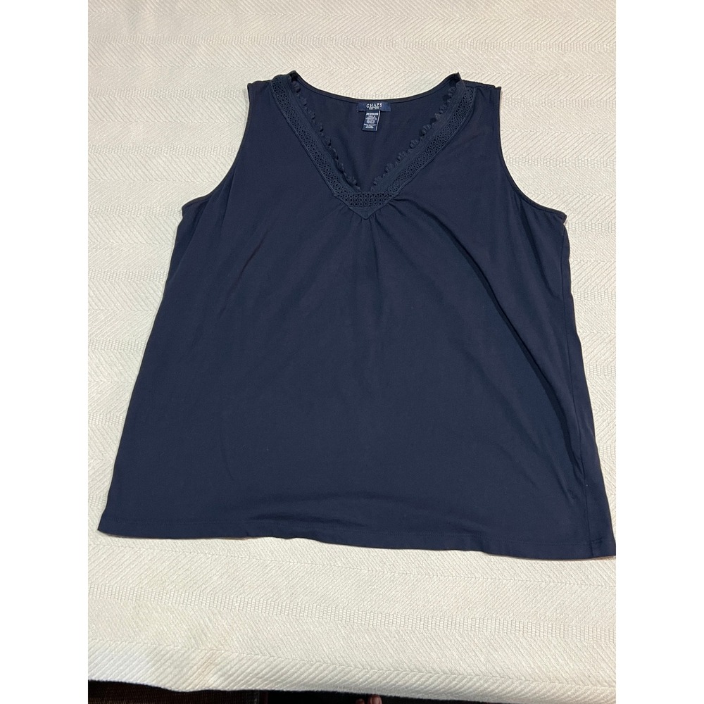 Chaps Women's Navy Blue Cotton Lace Front V-neck Gathered Tank Top Size 2XL